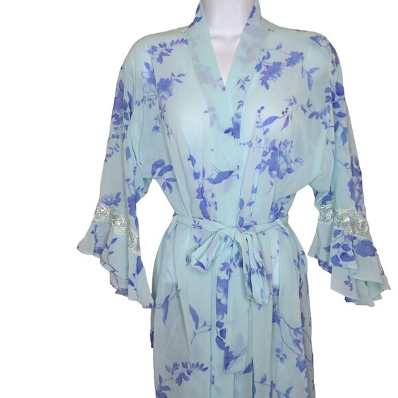 LA Intimates Knee Length Sheer Robe M Blue Lavender Floral Ruffled Lace Sleeve - Picture 3 of 13